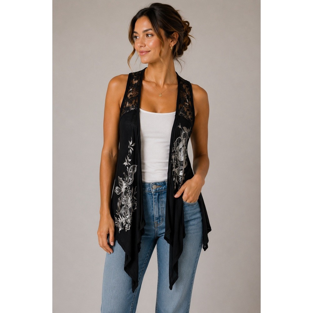 Vocal Black Lace Floral Embellished Draped Vest Sleeveless Boho Y2K Statement
